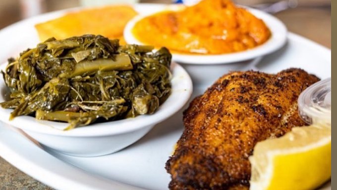 Takeout counter for hearty lunch and dinner plates.